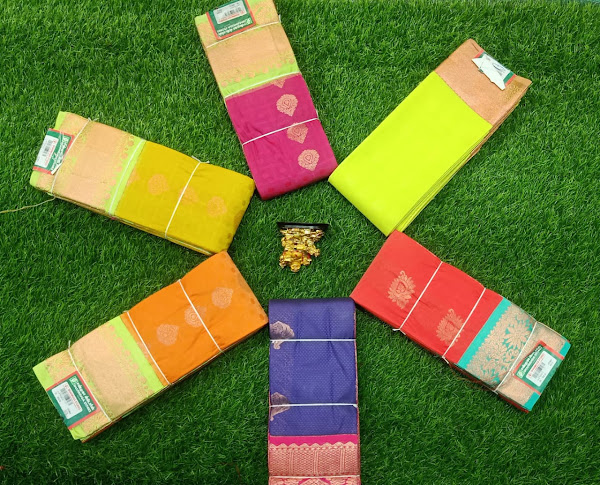 Vibrant pure and art silk sarees assortment at Shanmuga Stores